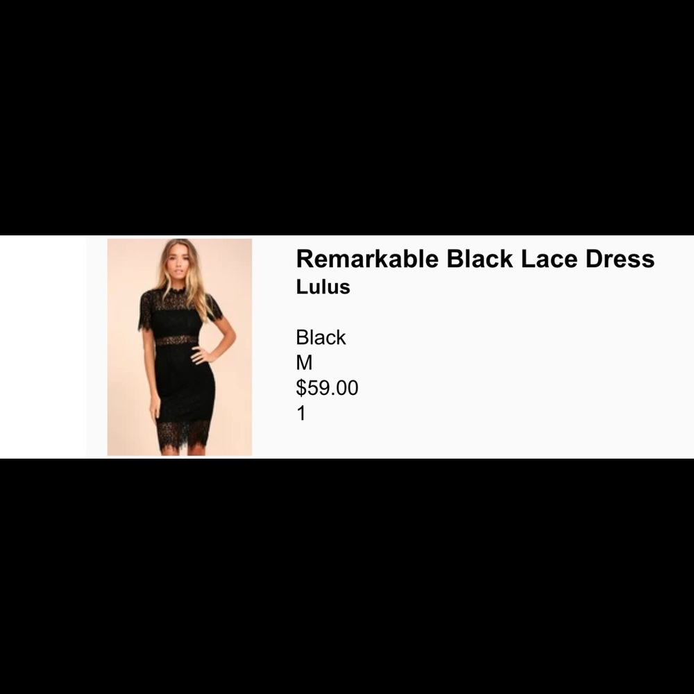 Black lace dress, mid- length style, with sleeves.